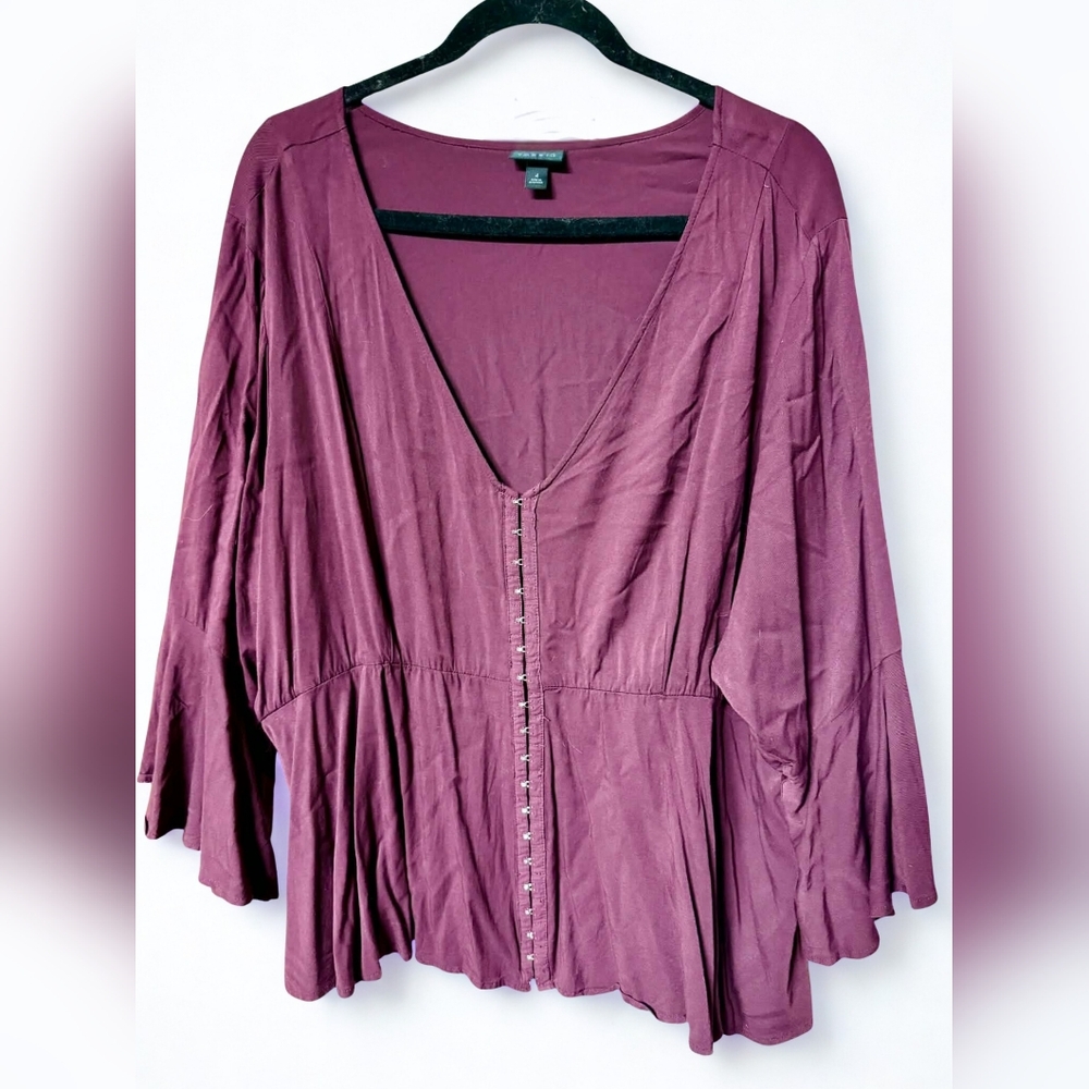 Torrid Burgundy Blouse Size 4 4X Bell Sleeve V Neck